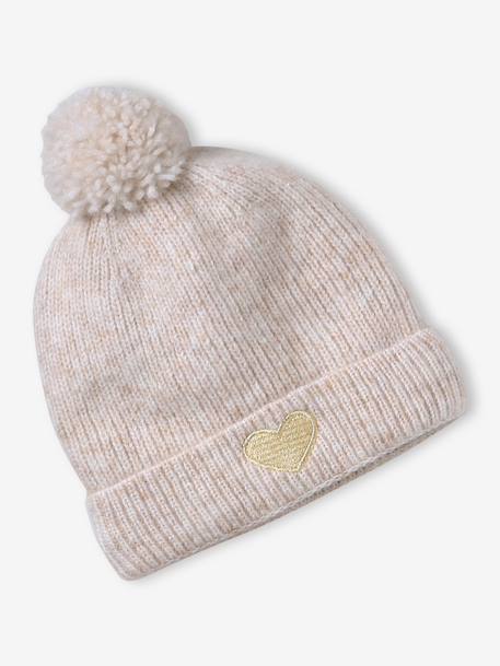 'Heart' Beanie + Snood + Gloves/Mittens Set for Girls ecru+navy blue 