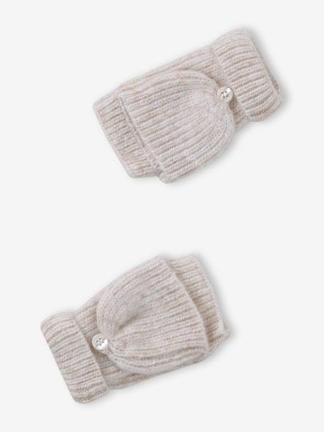 'Heart' Beanie + Snood + Gloves/Mittens Set for Girls ecru+navy blue 