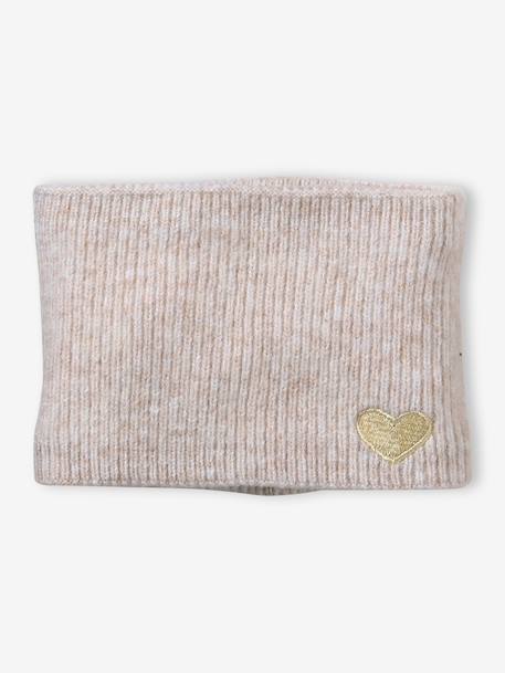 'Heart' Beanie + Snood + Gloves/Mittens Set for Girls ecru+navy blue 