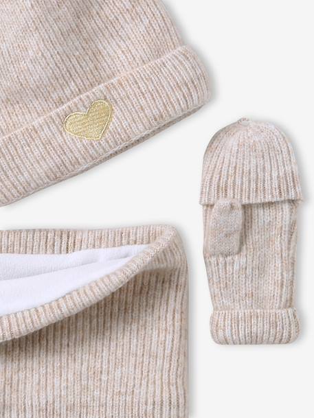 'Heart' Beanie + Snood + Gloves/Mittens Set for Girls ecru+navy blue 
