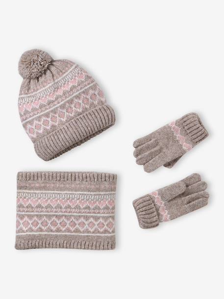 Knitted hat, snood and gloves set for girls mocha 