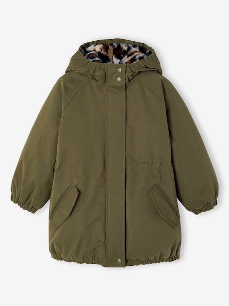 Hooded Parka with Faux Fur Lining for Girls black+dark green+dusky pink+plum 