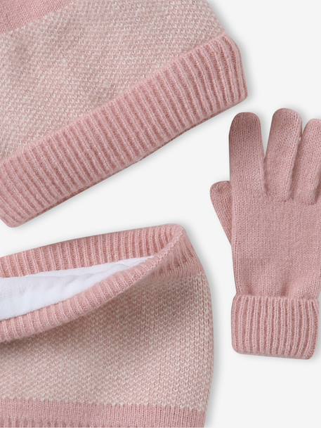 Knitted hat, snood and gloves set for girls rosy 
