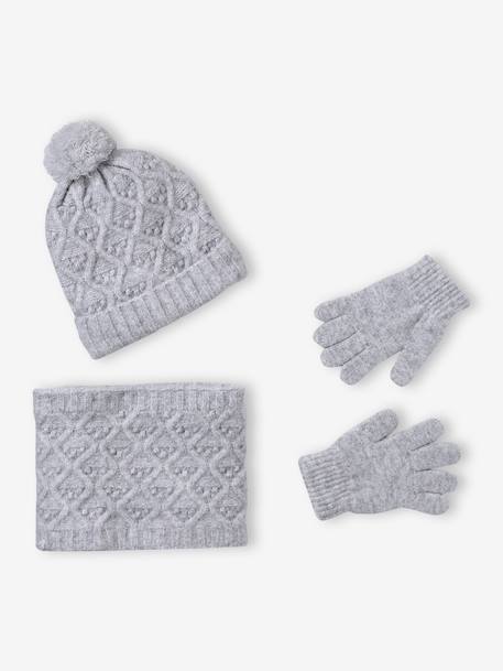 Knit hat, snood and gloves set for girls marl grey+sky blue 