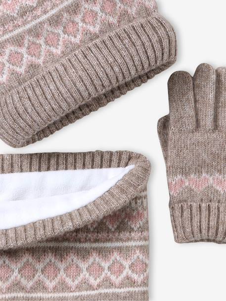 Knitted hat, snood and gloves set for girls mocha 