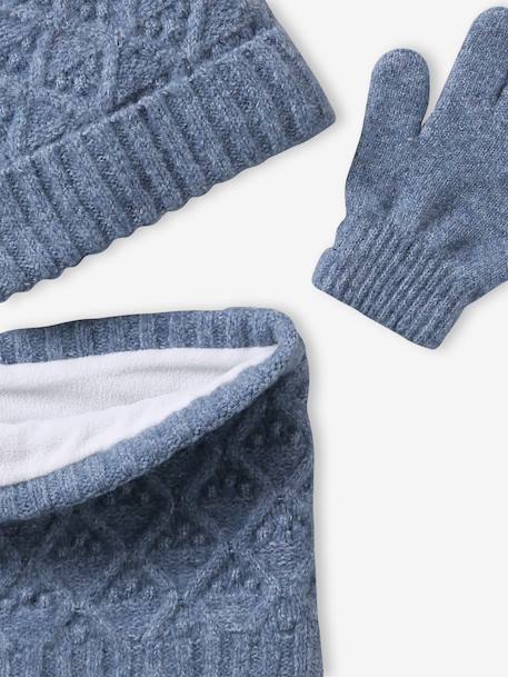 Knit hat, snood and gloves set for girls marl grey+sky blue 