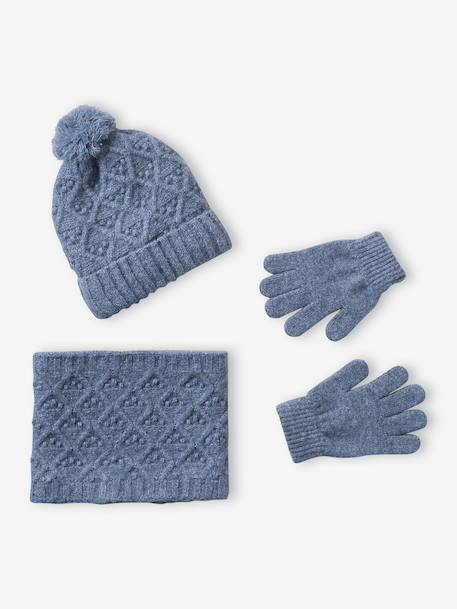Knit hat, snood and gloves set for girls marl grey+sky blue 