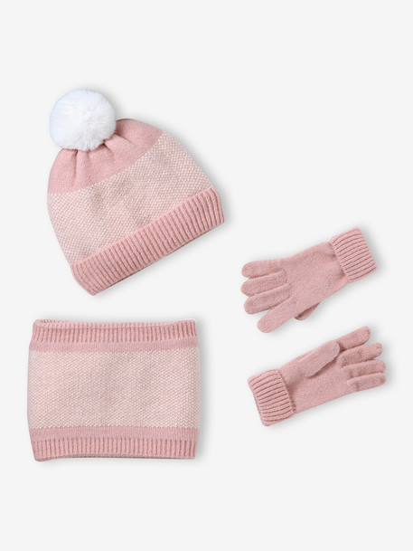 Knitted hat, snood and gloves set for girls rosy 