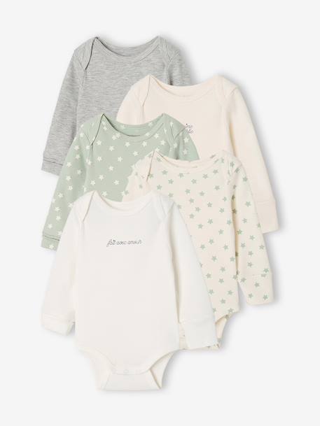 Pack of 5 newborn long-sleeved bodysuits sage green 