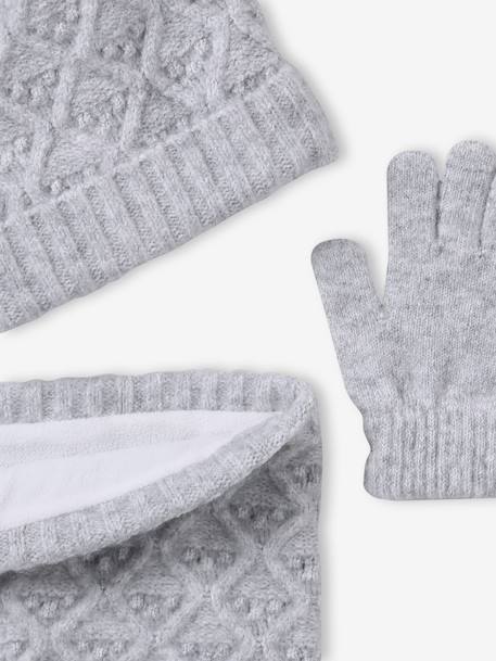 Knit hat, snood and gloves set for girls marl grey+sky blue 
