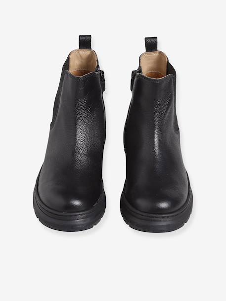 Girls' elasticated and zipped leather boots black+camel 