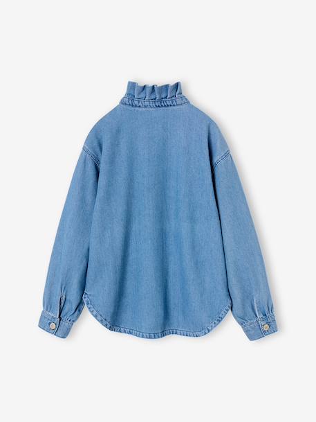 Denim shirt with frill high neck for girls medium blue 