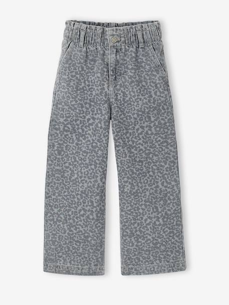 Wide-Leg Paperbag Jeans with Flower Motifs for Girls denim grey+grey+light blue 