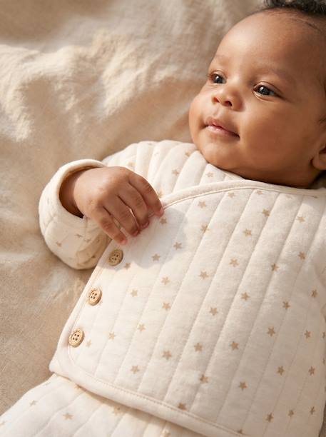 Quilted Set: Cardigan + Fully Printed Footed Trousers ecru+rose+vanilla 