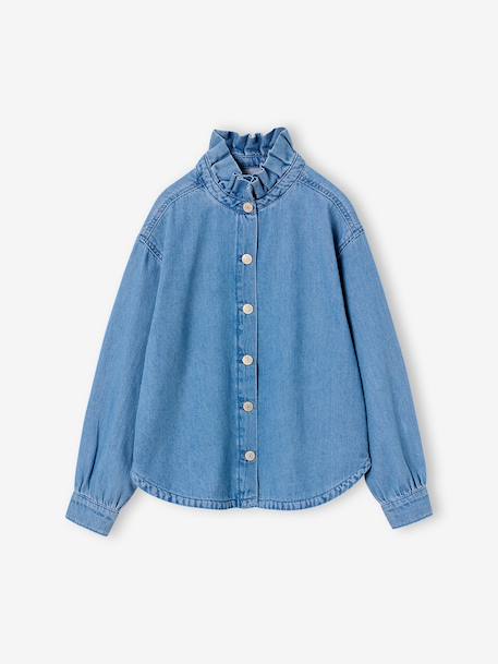 Denim shirt with frill high neck for girls medium blue 