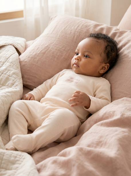 Pack of 3 baby sleepsuits with back opening ecru+sage green 