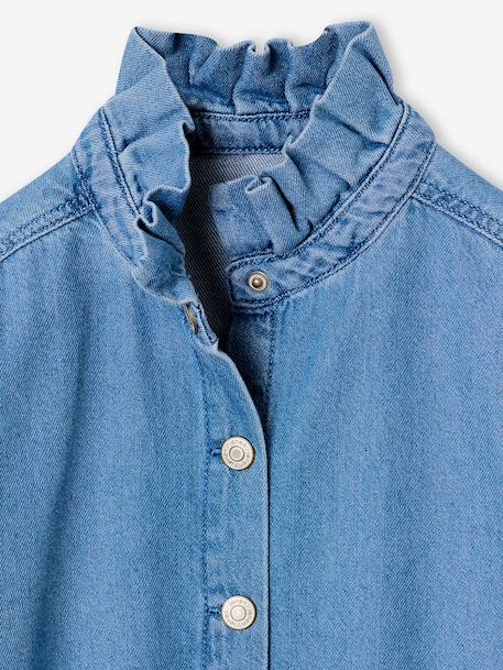 Denim shirt with frill high neck for girls medium blue 