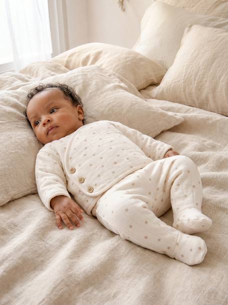 Quilted Set: Cardigan + Fully Printed Footed Trousers ecru+rose+vanilla 