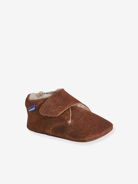Leather touch-fastening slippers for baby beige+brown 