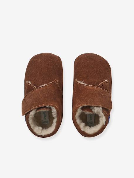 Leather touch-fastening slippers for baby beige+brown 