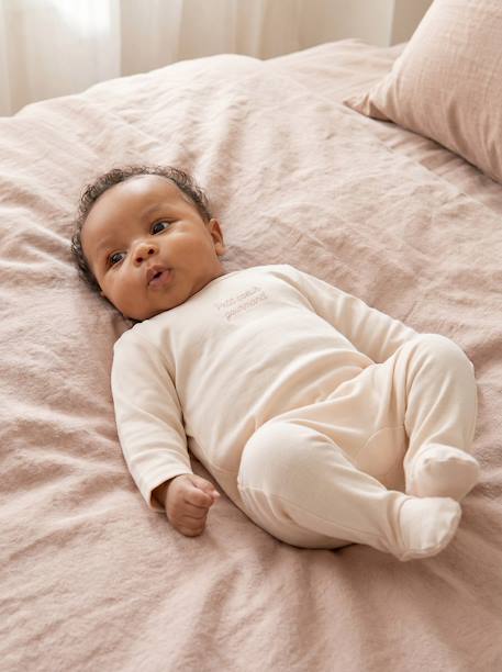 Pack of 3 baby sleepsuits with back opening ecru+sage green 