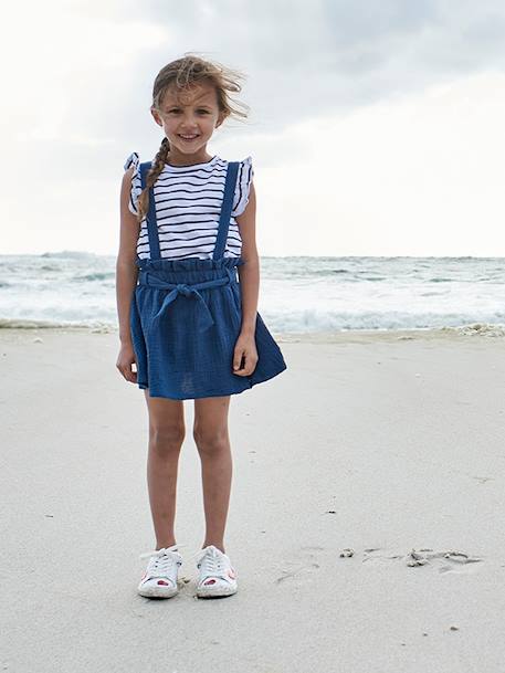 Striped T-Shirt + Cotton Gauze Skirt Outfit, for Girls Blue Stripes+coral+lilac+sage green 