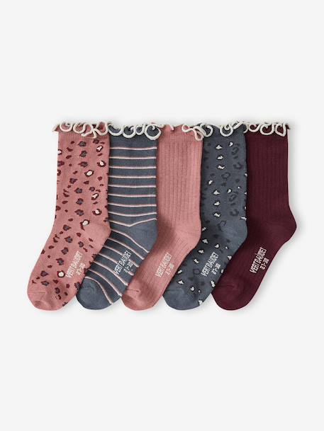 Pack of 5 pairs of 'leopard' socks for girls anthracite+cinnamon 
