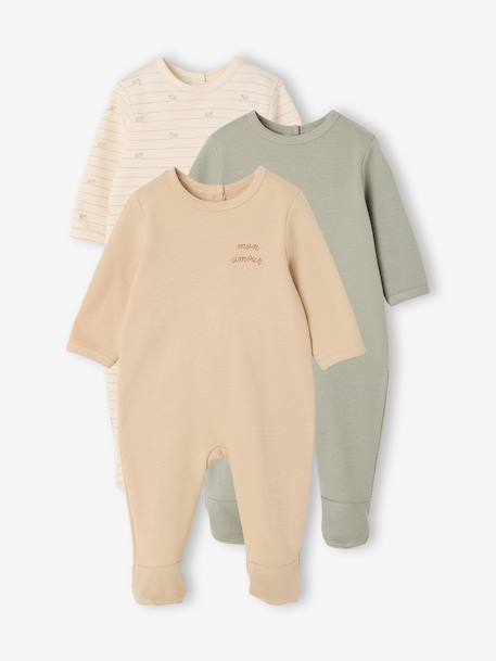 Pack of 3 baby sleepsuits with back opening ecru+sage green 
