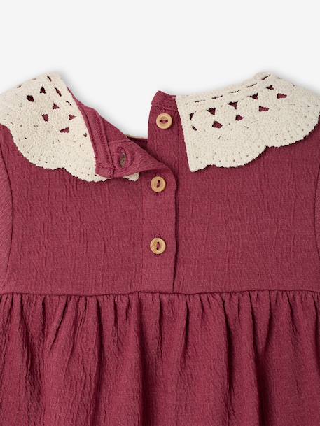 T-shirt for babies in crinkled jersey with crochet collar caramel+plum 