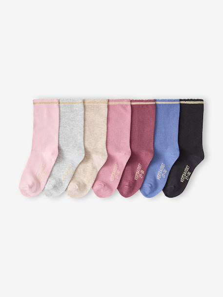 Pack of 7 Pairs of Socks in Lurex for Girls blue+mauve+raspberry pink+rosy 