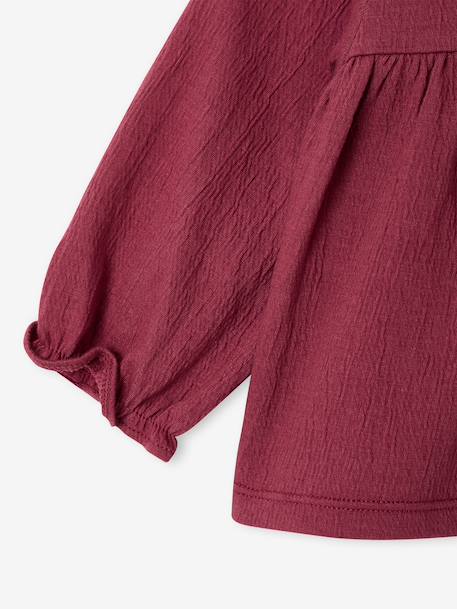 T-shirt for babies in crinkled jersey with crochet collar caramel+plum 