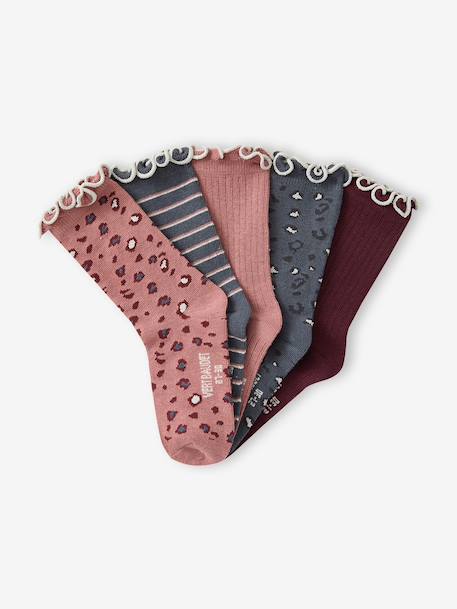 Pack of 5 pairs of 'leopard' socks for girls anthracite+cinnamon 