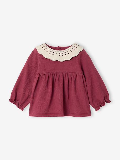 T-shirt for babies in crinkled jersey with crochet collar caramel+plum 