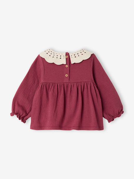 T-shirt for babies in crinkled jersey with crochet collar caramel+plum 