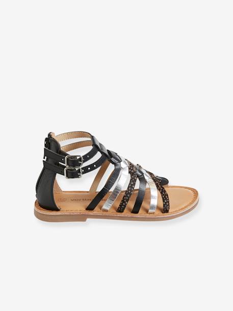 Spartan Style Leather Sandals for Girls Black+Gold+Silver 