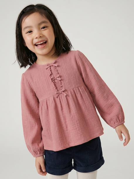 Long-sleeved blouse for girls blush+ecru 