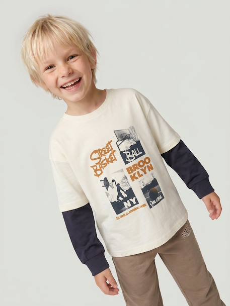 Long-sleeved layered-effect T-shirt for boys ecru 