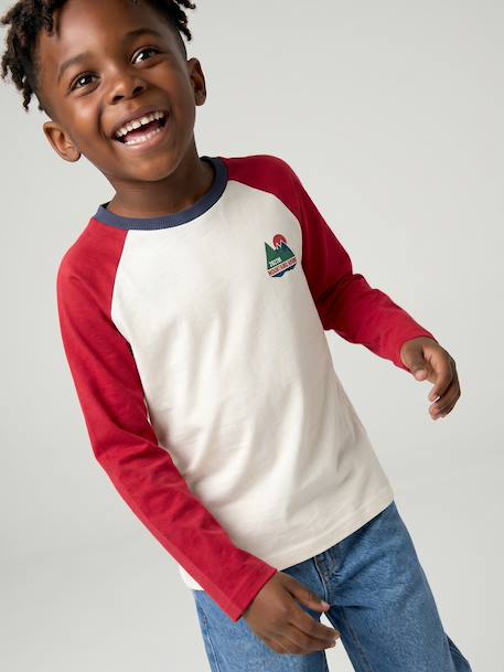 Long-sleeved T-shirt for boys bordeaux red+ochre+sage green 
