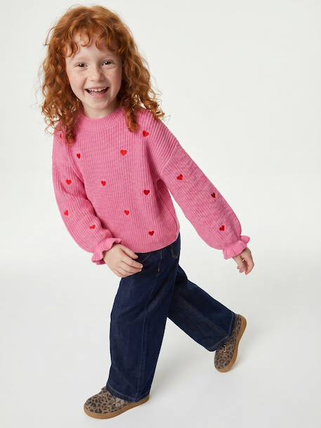 Long-sleeved round-neck jumper for girls ecru+navy blue+rose 