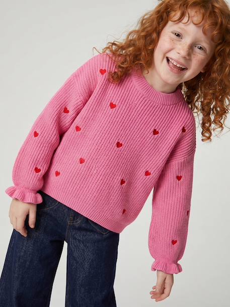 Long-sleeved round-neck jumper for girls ecru+navy blue+rose 