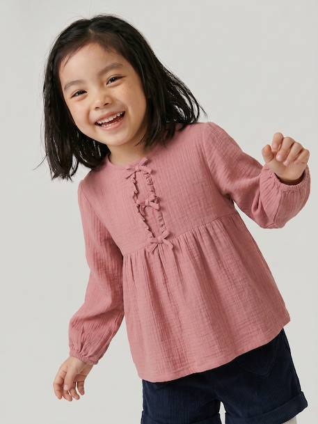 Long-sleeved blouse for girls blush+ecru 