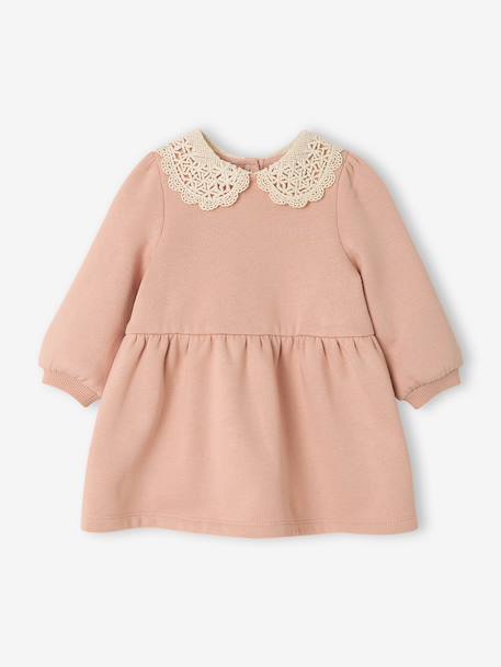 Baby dress in fleece with crochet collar green+rosy 