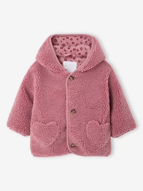 Sherpa hooded coat for babies with 'leopard' print lining beige+old rose 