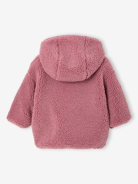 Sherpa hooded coat for babies with 'leopard' print lining beige+old rose 