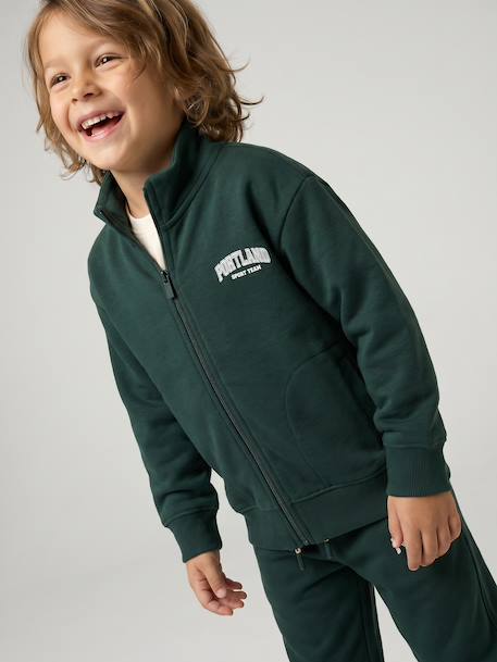 Zipped sweatshirt for boys with a trucker neck fir green+navy blue+red 