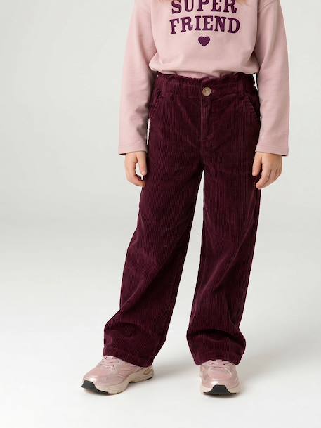 Wide Corduroy Paperbag Trousers for Girls bordeaux red+camel+mauve+navy blue+olive 