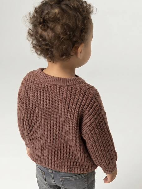 V-neck cardigan for babies in chunky knit chocolate+grey blue 