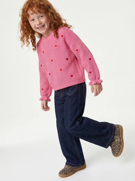 Long-sleeved round-neck jumper for girls ecru+navy blue+rose 