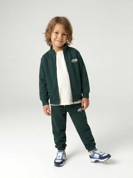 Zipped sweatshirt for boys with a trucker neck fir green+navy blue+red 