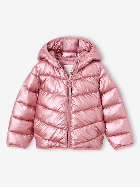 Lightweight hooded puffer jacket with a shimmer effect for girls pale pink+rose 
